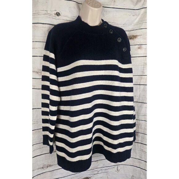 LL Bean Signature Navy Blue Striped Sweater XL Wool Blend Womens Button Neck - Picture 2 of 7